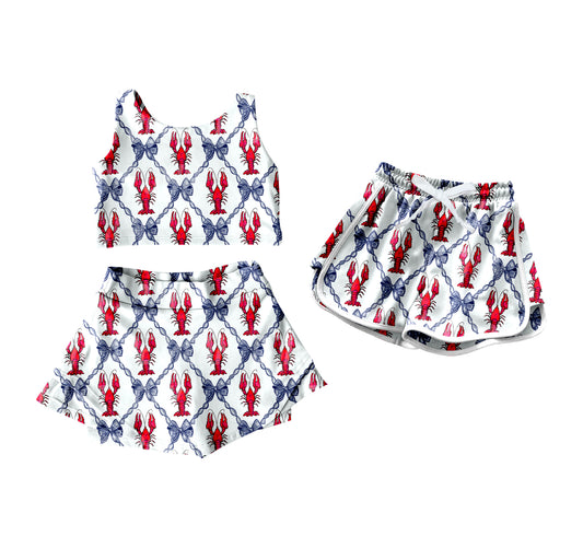 4.10 custom each style moq 5eta 4-6week Sibling Sister lobster bow baby girls clothes Short sleeve yoga dress and shorts match family design