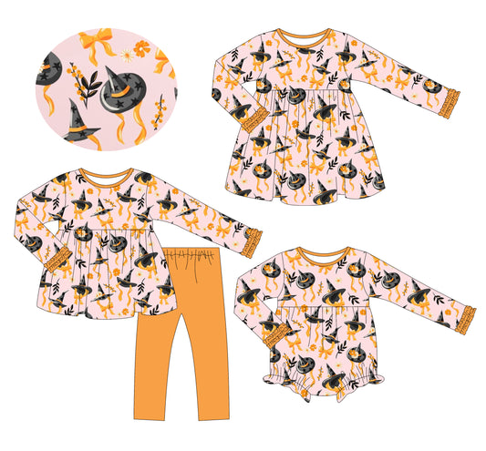 25.6.9 custom each style moq 5eta 4-6week Sibling Sisters bow orange baby girl long sleeve pants sets and dress and rompers match family design