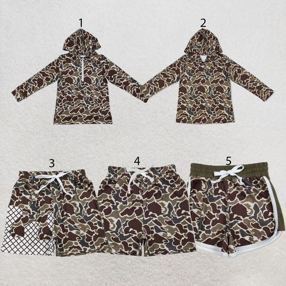 RTS NO MOQ Sibling milk silk Baby Boys Dark Khaki Camo Long Sleeve Hoodies Top Pocket Short Clothes Set