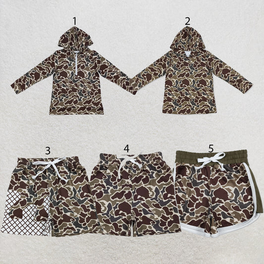 RTS NO MOQ Sibling milk silk Baby Boys Dark Khaki Camo Long Sleeve Hoodies Top Pocket Short Clothes Set