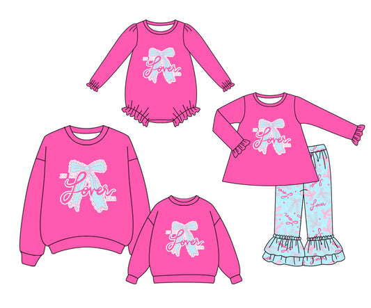 25.9.16 custom each style moq 5eta 4-8week Sibling Sister love bow baby long sleeve pants sets and romper and dress and top and adult top match design