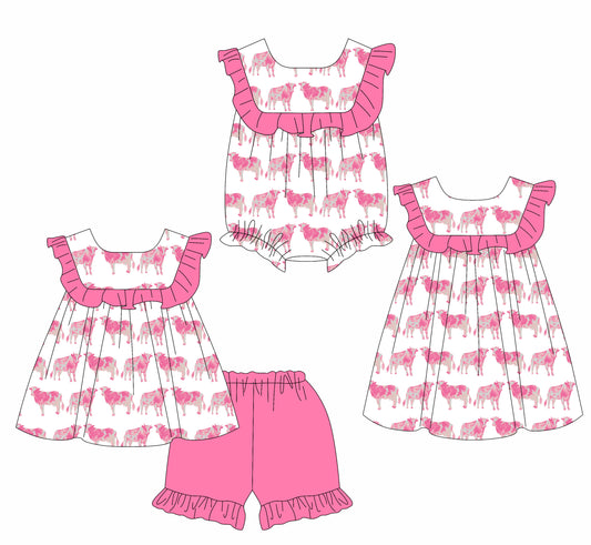2.28 custom each style moq 5eta 4-6week Sibling Sister cow baby girl short sleeve shorts sets and dress and rompers match family design