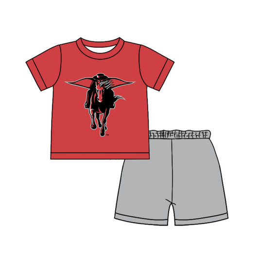 Custom moq 5 mix size milk silk summer teams Baby Boy's Red Short-Sleeved O-Neck Top And solid color Shorts Set