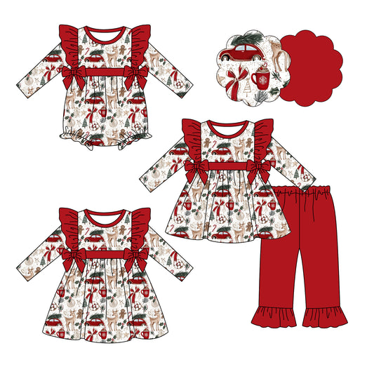 25.7.19 custom each style moq 5eta 4-6week Sibling Sisters Christmas bow baby girl long sleeve pants sets and dress and rompers match family design