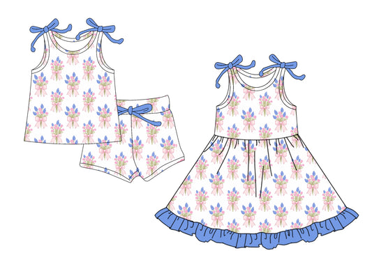 4.15 custom each style moq 5eta 4-6week Sibling Sister bow floral baby girl short sleeve shorts sets and dresses match design