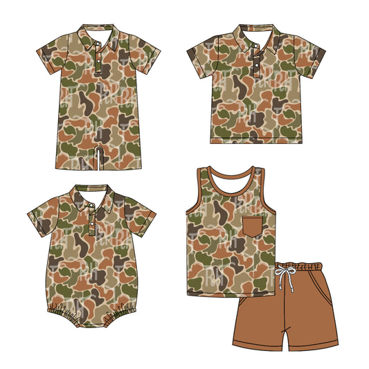 3.14 custom each style moq 5eta 4-6week Sibling Sister camouflage baby boy sets and boy rompers 1 and romper 2 and top match family design