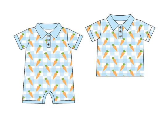 25.9.26 custom each style moq 8 eta 6-8week Sibling Sisters carrot baby boy short sleeve top and rompers match family design