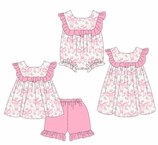 3.21 custom each style moq 5eta 4-6week Sibling Sisters bow floral baby girl short sleeve shorts sets and dress and rompers match family design