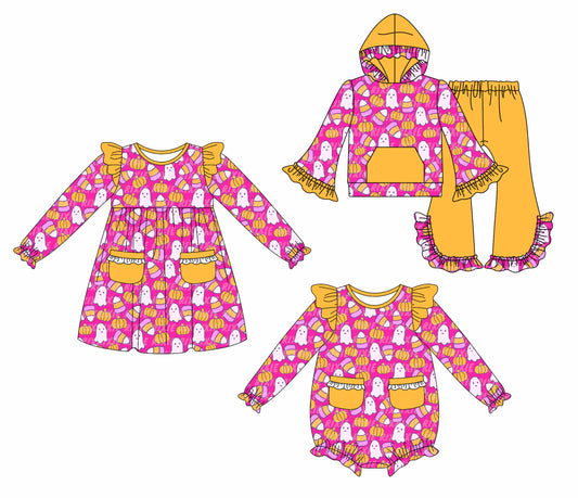 25.8.14 custom each style moq 5eta 4-6week Sibling Sisters halloween pumpkin baby girl long sleeve pants sets and dress and rompers match family design