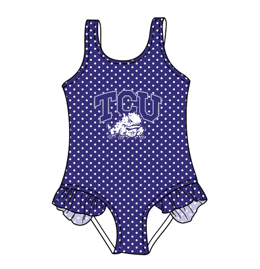 Custom moq 5 mix size milk silk summer teams Purple Baby Girl Sleeveless Polka Dot Lace Onesie Swimsuit Cute Summer Beachwear for Little Girls