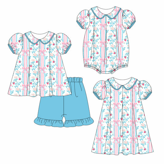 3.24 custom each style moq 5eta 4-6week Sibling Sisters bow floral baby girl short sleeve shorts sets and dress and rompers match family design