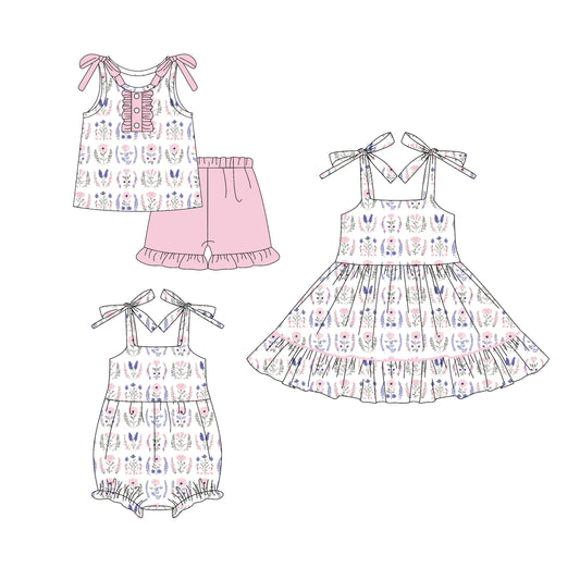 4.19 custom each style moq 5eta 4-6week Sibling Sisters floral baby girl short sleeve shorts sets and dress and rompers match family design