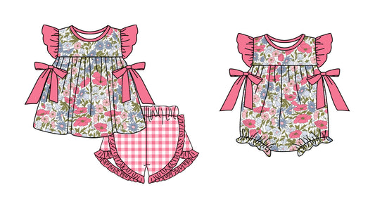 11.3 custom each style moq 5eta 4-6week Sibling Sister floral pink baby girl short sleeve shorts sets and rompers match design