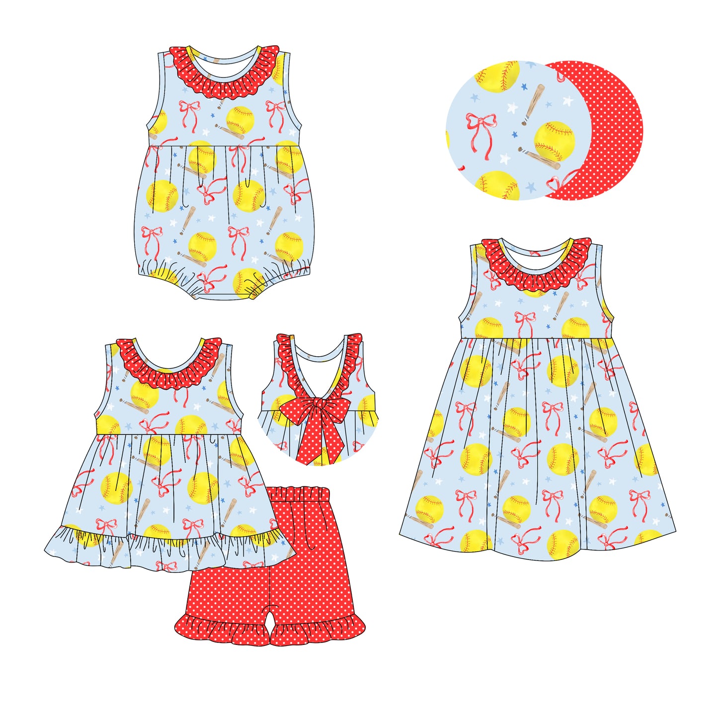 2.27 custom each style moq 5eta 4-6week Sibling Sister baseball bow baby girl short sleeve shorts sets and dress and rompers match family design