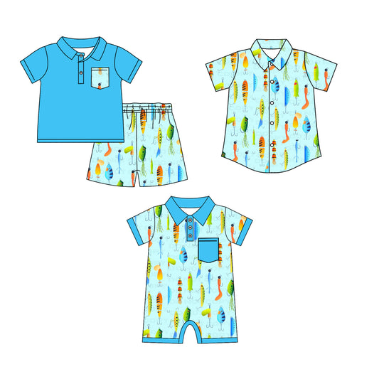 11.13 custom each style moq 5eta 4-6week Sibling Sister fishing baby girl short sleeve shorts sets  and boy romper and top match design