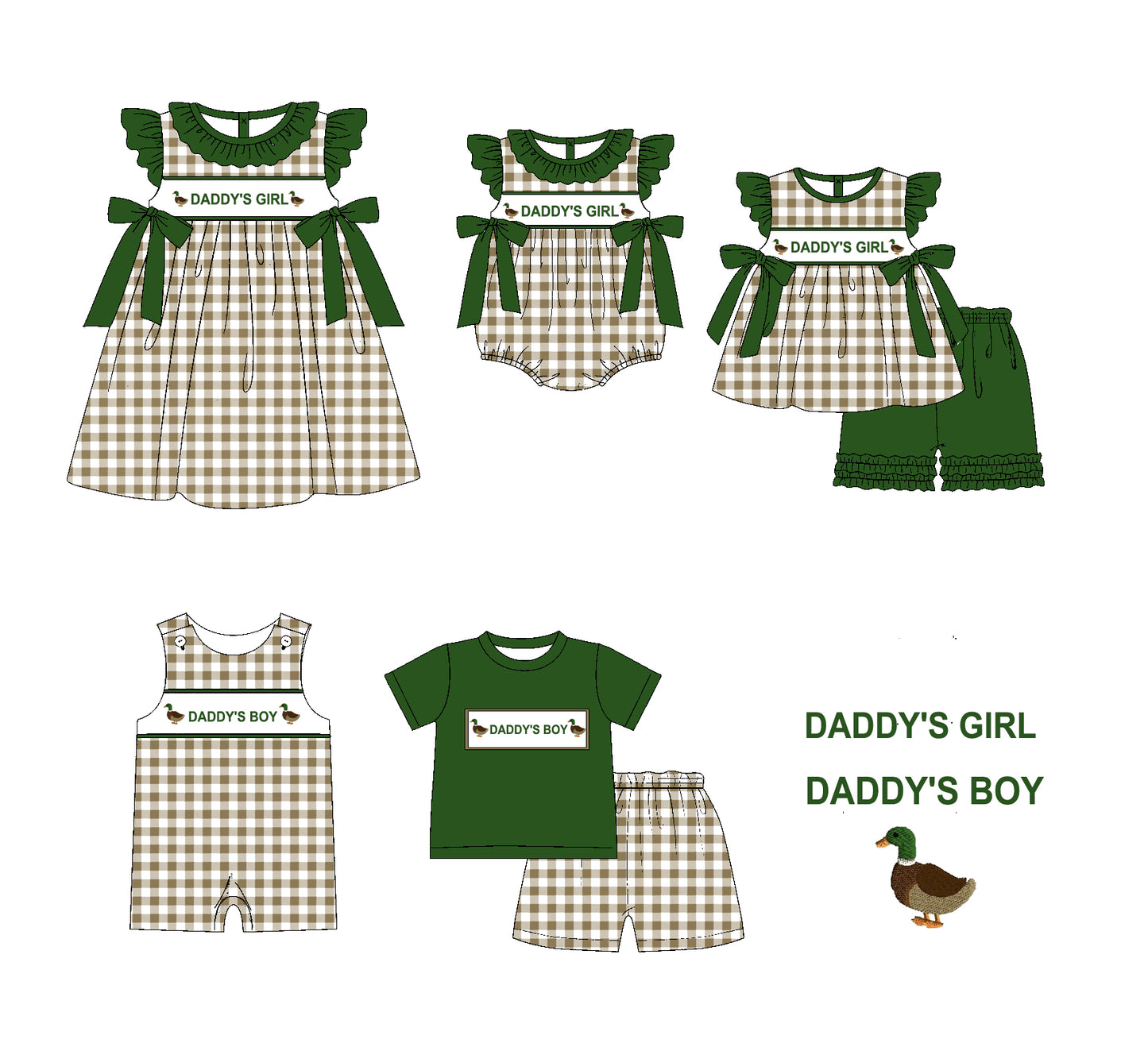 11.19 custom each style moq 5eta 4-6week Sibling Sister daddy boy duck baby girl short sleeve shorts sets and sets 2 and girls romper and boy romper and dress match design
