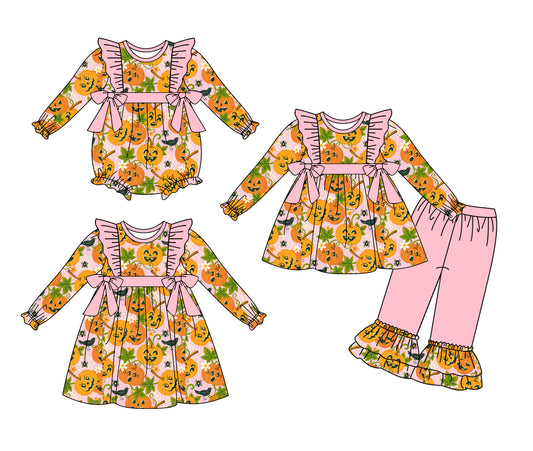 25.7.1 custom each style moq 5eta 4-6week Sibling Sisters halloween baby girl long sleeve pants sets and dress and rompers match family design