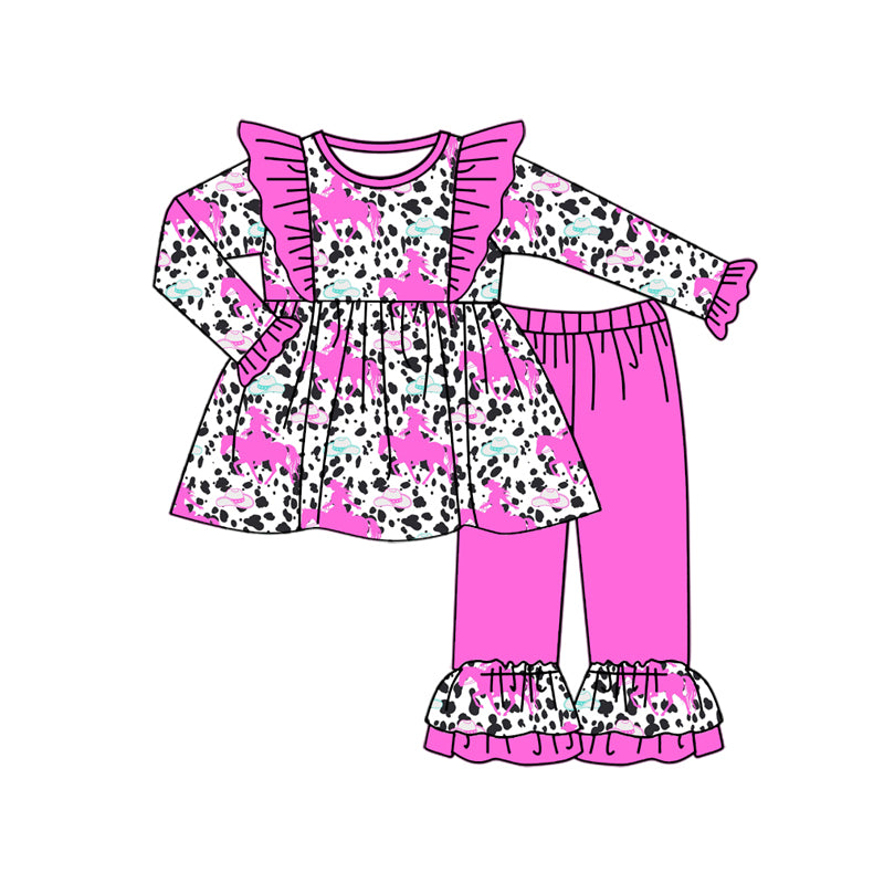 9.6 custom each style moq 5eta 4-6week Sibling Sister riding horse light purple baby girl sets and rompers match family design