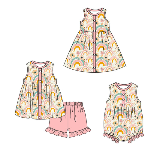 12.19 custom each style moq 5eta 4-6week Sibling Sister rainbow baby girl short sleeve shorts sets and dress and rompers match family design