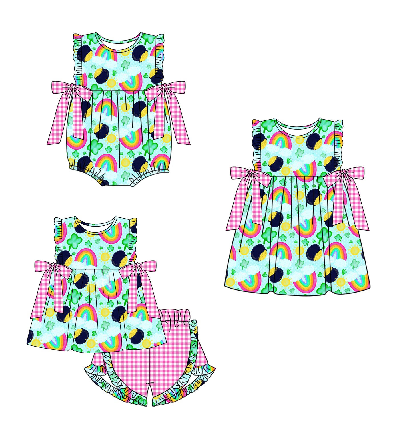 12.16 custom each style moq 5eta 4-6week Sibling Sister rainbow baby girl short sleeve shorts sets and dress and rompers match family design
