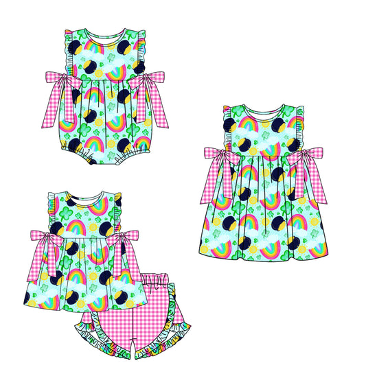12.16 custom each style moq 5eta 4-6week Sibling Sister rainbow baby girl short sleeve shorts sets and dress and rompers match family design