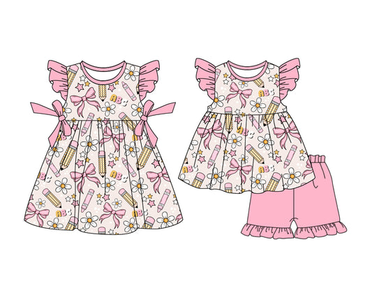 4.7 custom each style moq 5eta 4-6week Sibling Sister back to school baby girl short sleeve shorts sets and dresses match design
