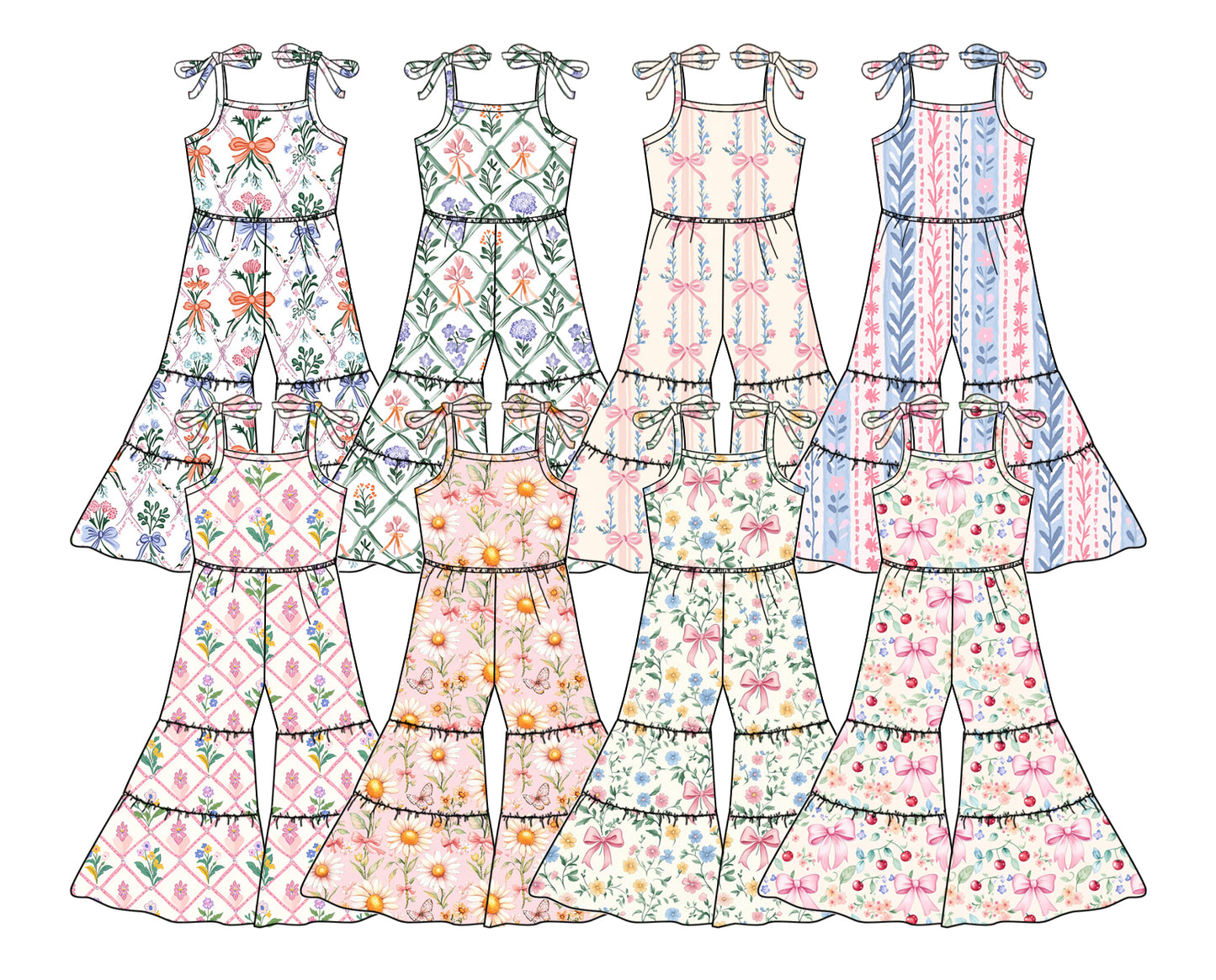 2.21 custom each style moq 5eta 4-6week Sibling Sister floral baby girls suspender jumpsuit and jumpsuit 8 match design