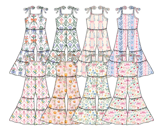 2.21 custom each style moq 5eta 4-6week Sibling Sister floral baby girls suspender jumpsuit and jumpsuit 8 match design