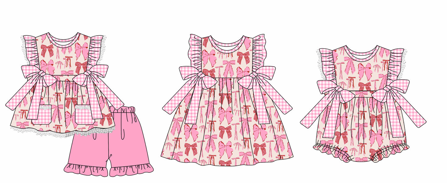 12.3 custom each style moq 5eta 4-6week Sibling Sister bow baby girl short sleeve shorts sets and dress and rompers match family design