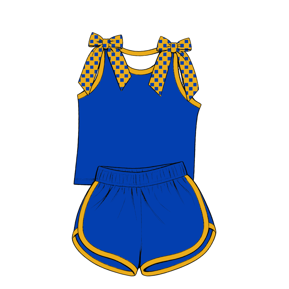custom moq 5 mix size Baby Girls Bow Sleeveless Blue Top Shorts Summer Casual Clothes Set