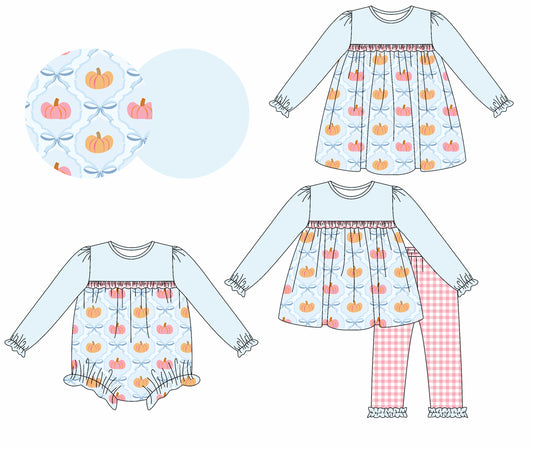 25.6.24 custom each style moq 5eta 4-6week Sibling Sisters pumpkin bow baby girl long sleeve pants sets and dress and rompers match family design