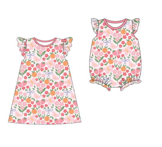 3.10 custom each style moq 5eta 4-6week Sibling Sister bow floral baby girl short sleeve dress and rompers match family design