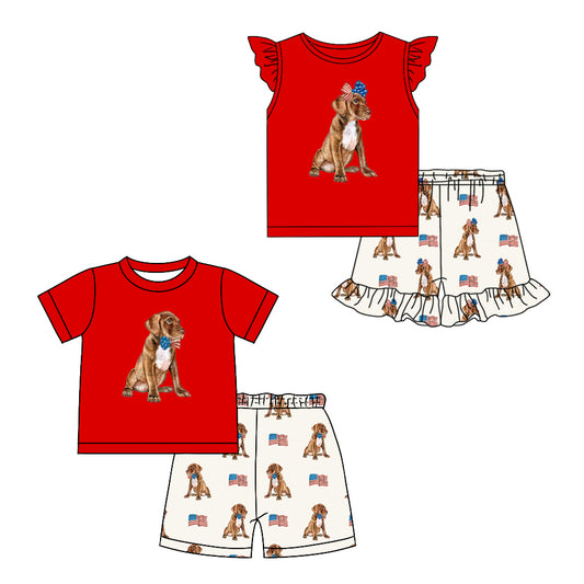 4.1 custom each style moq 5eta 4-6week Sibling Sister flag puppy red baby girls short sleeve set and set 2 match design
