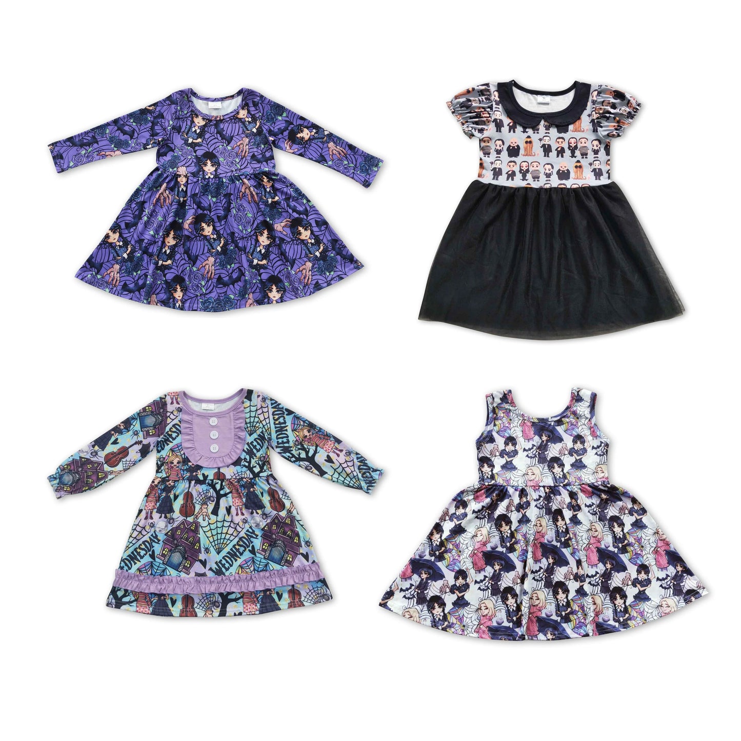 RTS NO MOQ GSD0335 GLD0329 GLD0229 GSD0397 Preppy Braids Girls Pattern Purple Long Sleeve Dress & Short Sleeve Dress