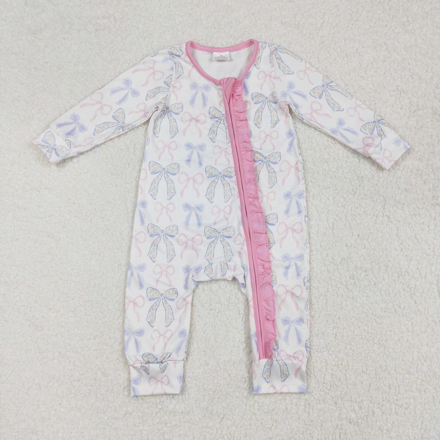 RTS NO MOQ（In Stock) LR2158 Powder blue bow pattern lace zipper long-sleeved jumpsuit