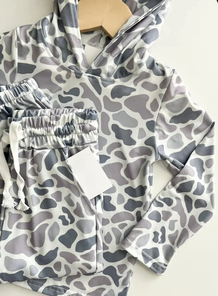 RTS NO MOQ Baby Boys Grey Camo Hooded Top And Pants Outfit Set Baby Clothing Set with Hooded Top And Pants for Boys