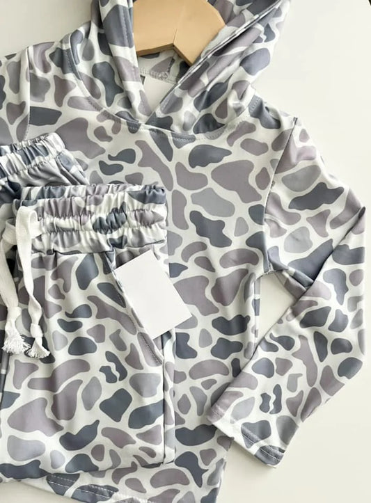 RTS NO MOQ Baby Boys Grey Camo Hooded Top And Pants Outfit Set Baby Clothing Set with Hooded Top And Pants for Boys