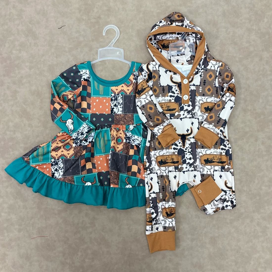 RTS NO MOQ Sibling Baby boys girl clothes hooded long sleeve dress and rompers