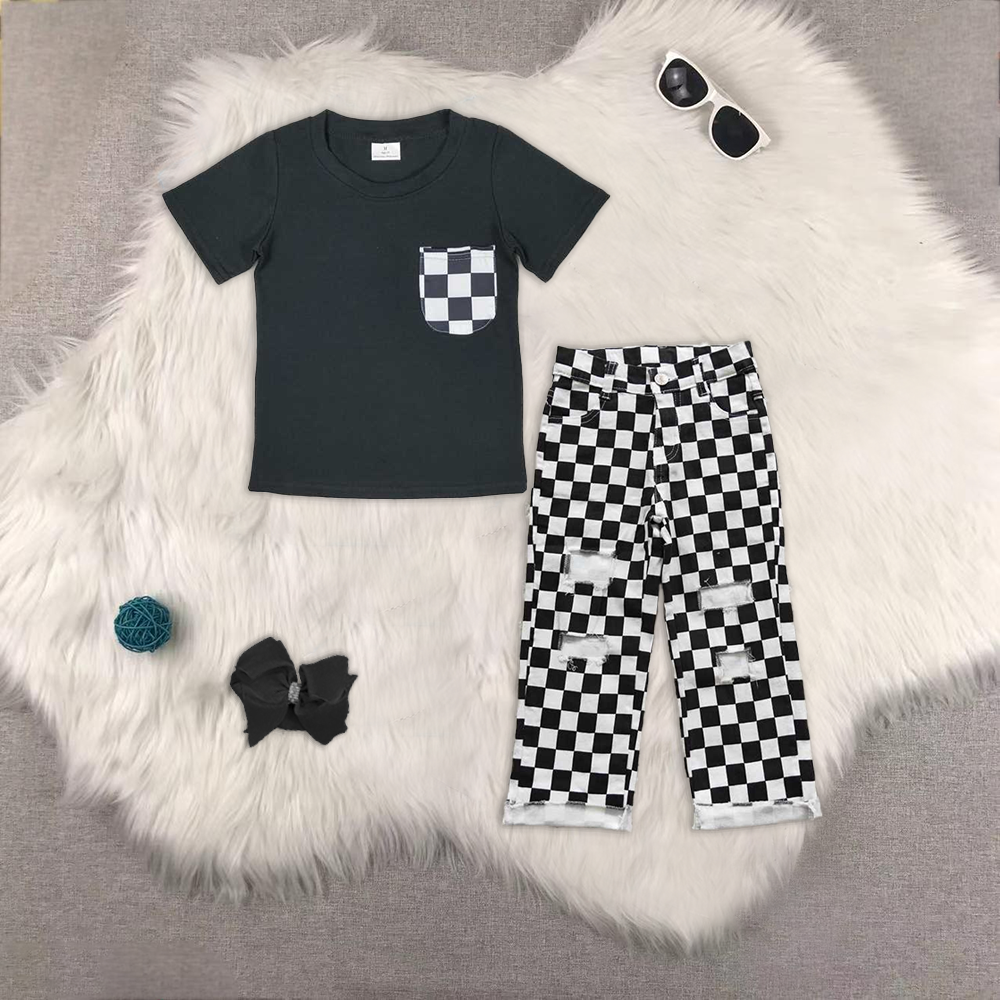 RTS NO MOQ ETA 5/7days Arrived  BT0660+P0122 short-sleeved top Black and white plaid ripped denim pants sets
