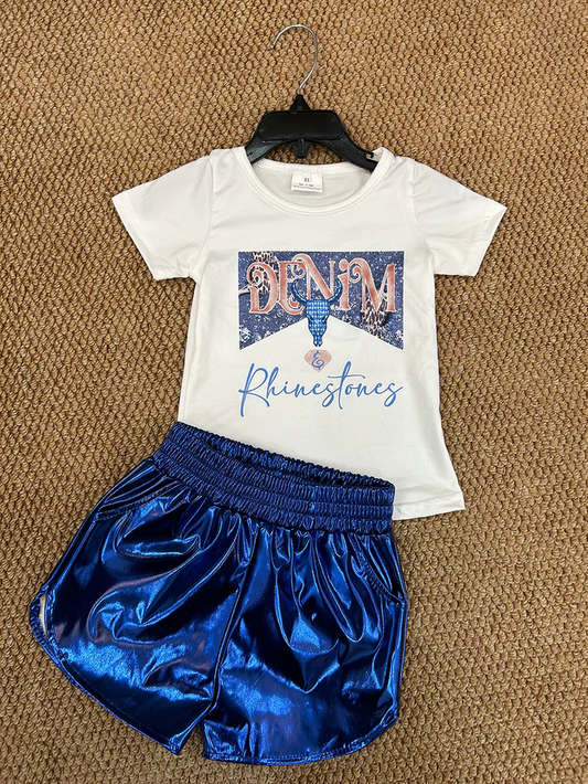 RTS NO MOQ ETA 5/7days Arrived GT0133+SS0409 Girls DENIM short-sleeved top Glossy leather shorts