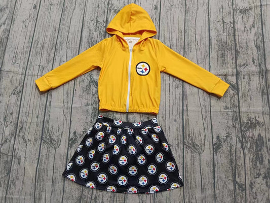 Custom moq 3 eta 6-7weeks baby girl clothes team yellow hooded long-sleeved top and briefs set-25.9.9