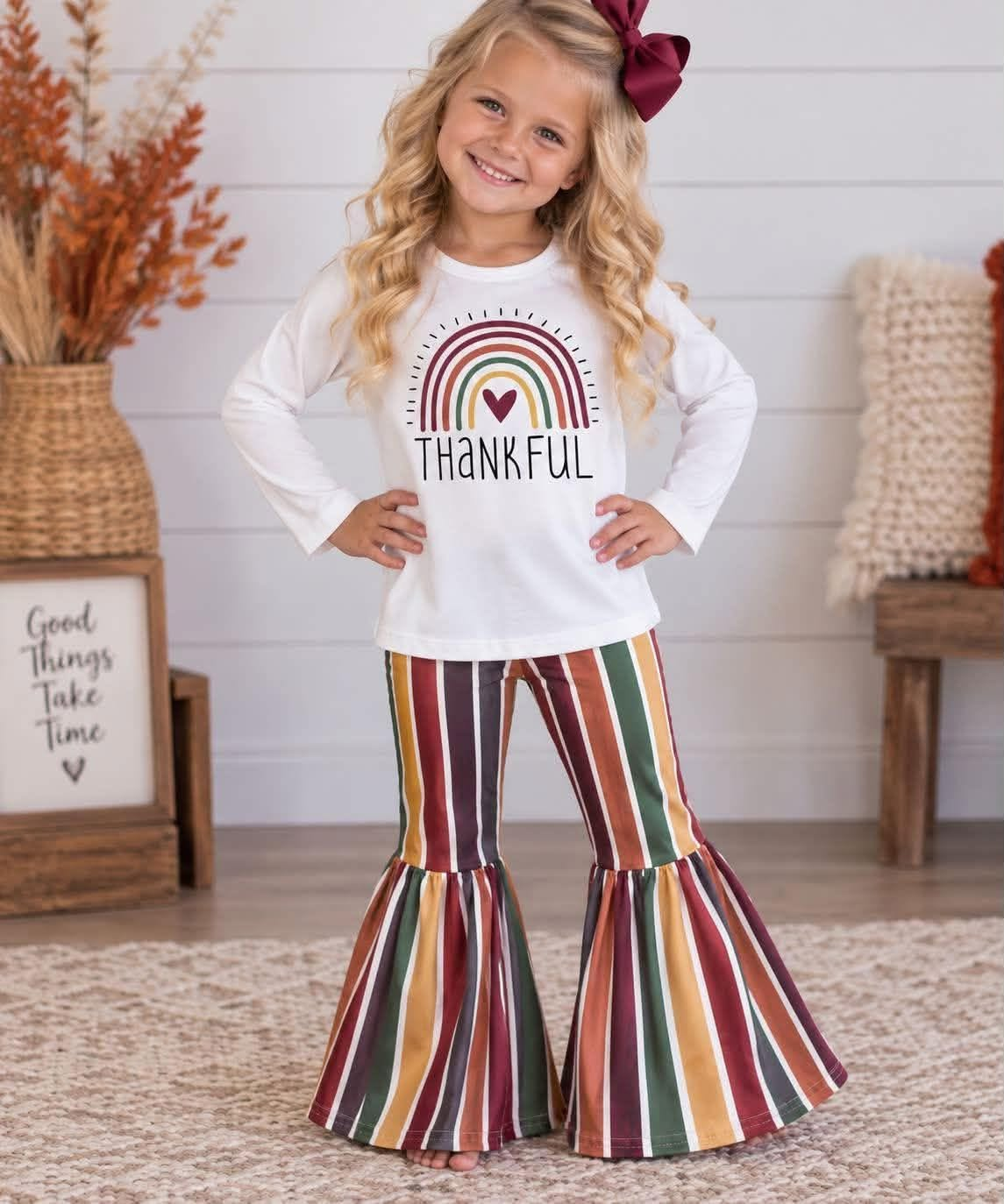 6 A6-16 Baby Girls Thankful Rainbow Letter Print Long Sleeve Top Elastic Waist Striped Pants Set