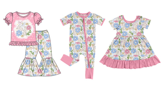 12.13 custom each style moq 5eta 4-6week Sibling Sister easter floral baby girl sets and dress and rompers match family design