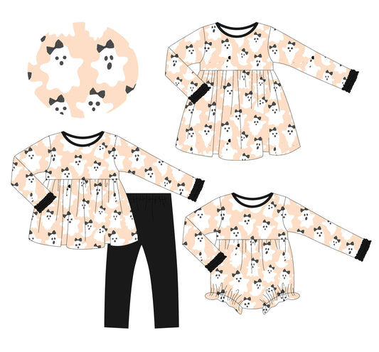 25.6.9 custom each style moq 5eta 4-6week Sibling Sisters ghost bow baby girl long sleeve pants sets and dress and rompers match family design