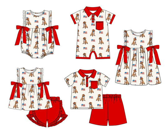 4.1 custom each style moq 5eta 4-6week Sibling Sister flag puppy red baby girl short sleeve shorts sets and sets 2 and boy romper and girl romper and dress match design