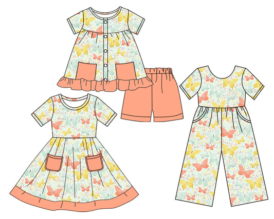 3.19 custom each style moq 5eta 4-6week Sibling Sister butterfly baby girl short sleeve shorts sets and dresses and jumpsuit match design