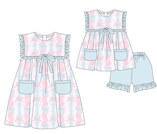 3.5 custom each style moq 5eta 4-6week Sibling Sister bow floral baby girl short sleeve shorts sets and dresses match design