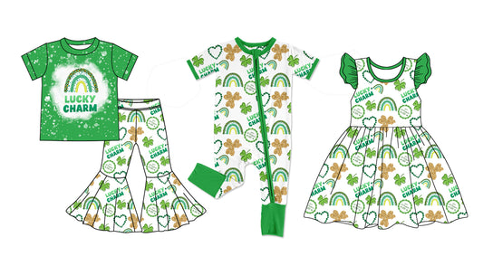12.11 custom each style moq 5eta 4-6week Sibling Sister Lucky green baby girl sets and dress and rompers match family design