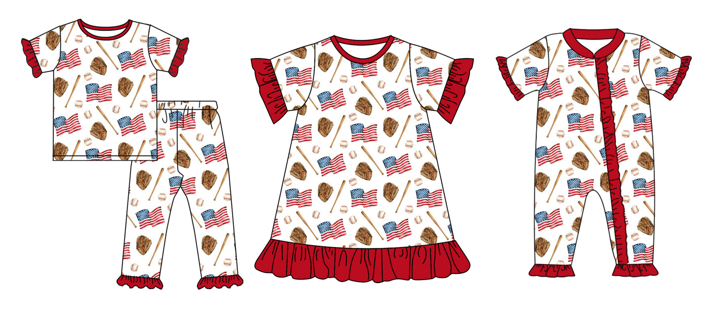 11.30 custom each style moq 5eta 4-6week Sibling Sister 4th of july baseball baby girl sets and dress and rompers match family design