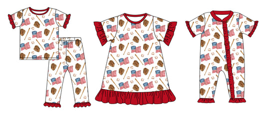 11.30 custom each style moq 5eta 4-6week Sibling Sister 4th of july baseball baby girl sets and dress and rompers match family design
